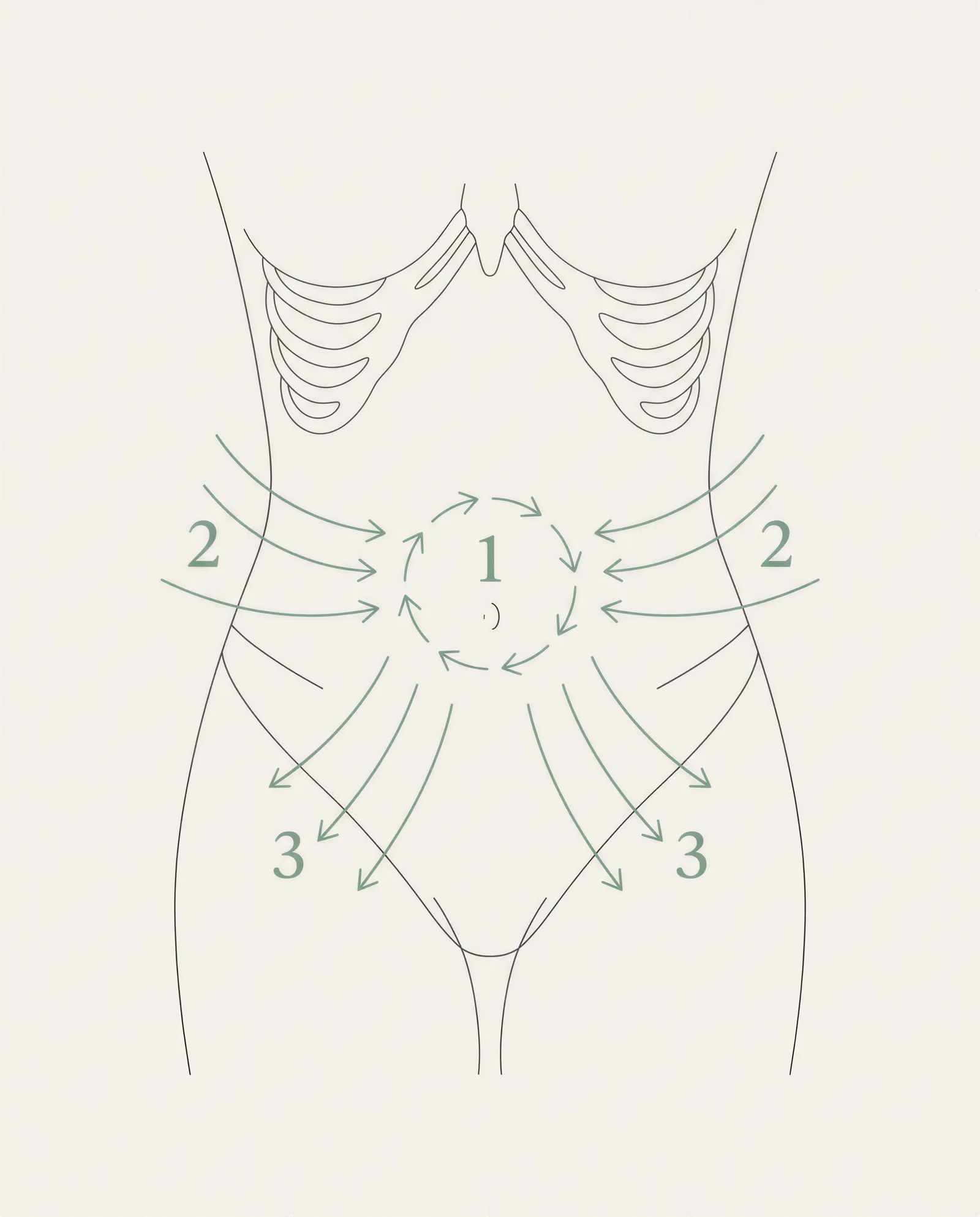 Stomach lymphatic drainage: clockwise circles around the navel, sides toward the navel, down to the groin